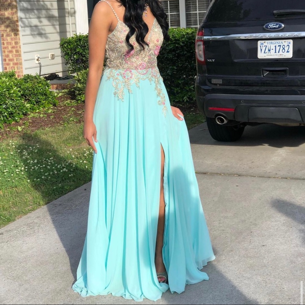 Turquoise and pink with sheer top with rhinestones